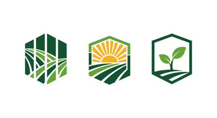 Obraz premium Agriculture Icons Set: Fields, Sun, Seedling in Hexagon Frames - Vector Graphics