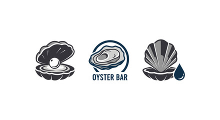 Oyster Bar Icons: Open Shell with Pearl, Oyster in Circle, Shell with Water Drop © atha_lintar