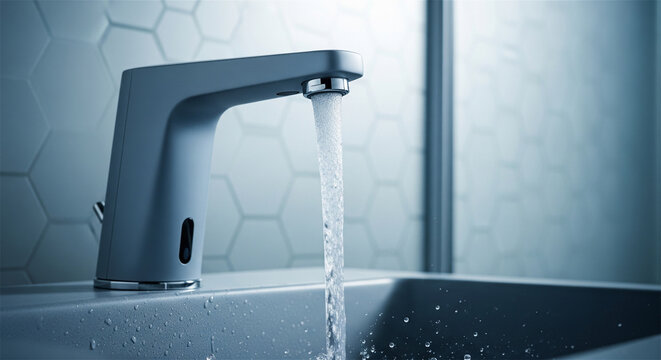 Modern automatic faucet with running water, touchless sensor tap in contemporary bathroom, sleek matte grey washbasin hardware