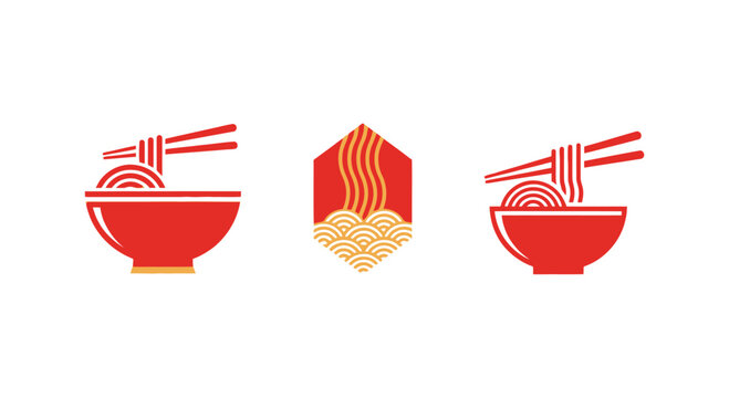 Asian Noodles Logo Set: Ramen Bowl and Abstract Wave Design