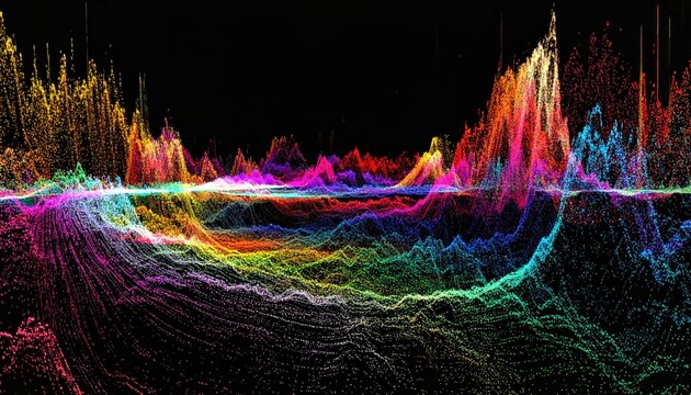 A vibrant, abstract digital landscape of colorful, pointillistic mountains against a black backdrop