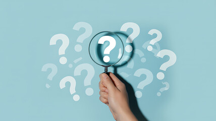 A hand holds a magnifying glass over a multitude of white question marks on a blue background