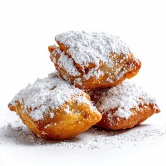 Fototapeta premium Golden brown French-style Beignets generously dusted with powdered sugar, a classic sweet treat perfect for breakfast, dessert, or a coffee break, isolated on white.