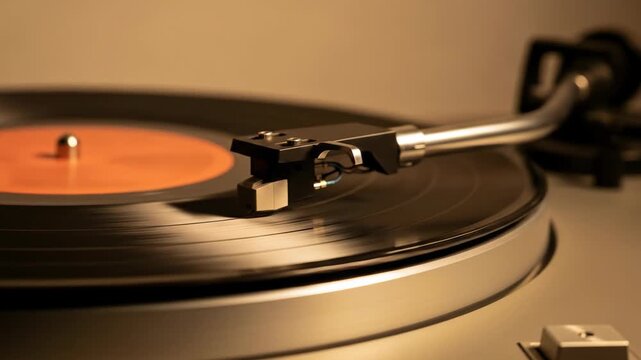 Close-up of a vintage vinyl record player needle on a spinning record.
