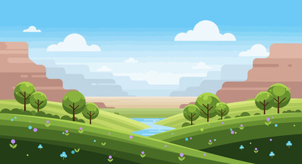 Naklejka premium Vibrant Pixel Art Landscape: Rolling Green Hills, River, and Canyon Scenery