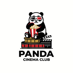 A whimsical panda wearing 3D glasses while enjoying popcorn, surrounded by film reels, perfect for promoting cinema clubs and film-related activities. © hangsheng zhou
