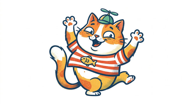 Funny Ginger Cat Character in Striped T-Shirt, Textured Vector Illustration Isolated on White