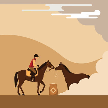 Equestrian Rider Feeds Horse Grain From Sacks in Dusty Paddock