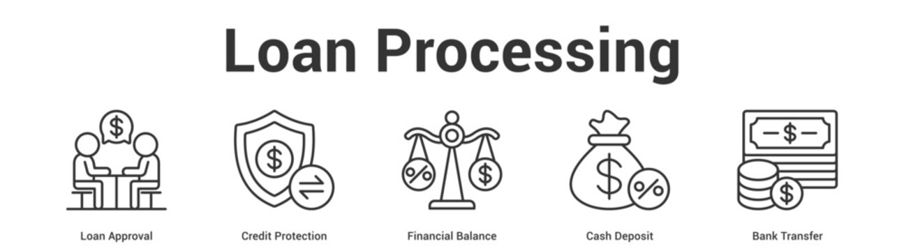 Loan Processing web banner icon set vector illustration concept for business with icon of Loan Approval, Credit Protection, Financial Balance, Cash Depos.