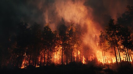 Fototapeta premium Intense forest fire engulfing trees and smoke.