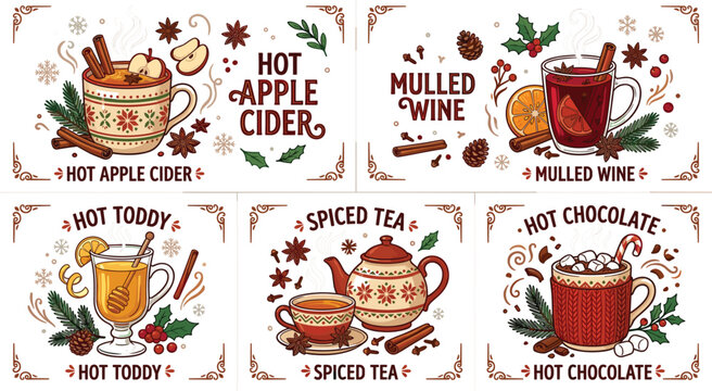 Winter Beverage Label Set Featuring Hot Apple Cider, Mulled Wine, Hot Toddy, Spiced Tea, and Hot Chocolate with Festive Holiday Design Elements