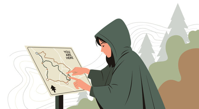 Explorer Consults Trail Map Amidst Natural Landscape Discovering Scenic Routes