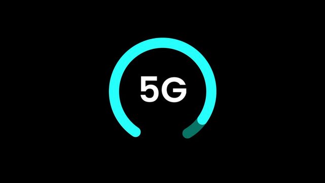 A glowing white five G label is centered within a circular progress bar that is partially filled with a bright blue light on a dark black background