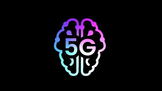 A human brain icon is filled with a glowing pink and blue five G label to represent the intersection of artificial intelligence and fast networking