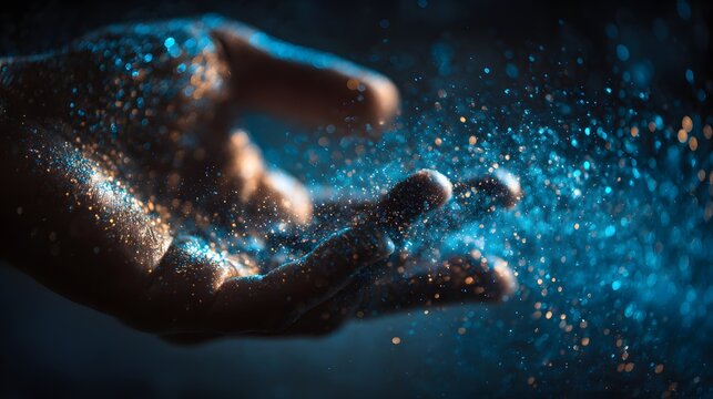 Close-up of a hand releasing sparkling blue particles into the darkness.