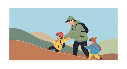 Fototapeta premium Family Hiking Adventure Father Guides Children Through Scenic Terrain