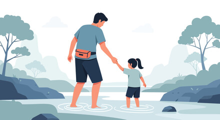 Obraz premium Father And Daughter Walking Through Water Together