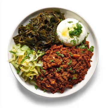 Kitfo Ethiopia food plate isolated on a white background
