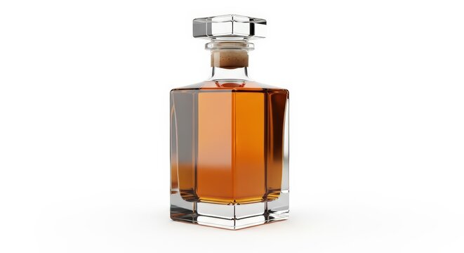 Elegant Glass Decanter Bottle with Amber Liquor and Cork Stopper Isolated on White Background