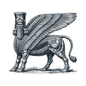 Lamassu engraved black white illustration. Mythological icon.	