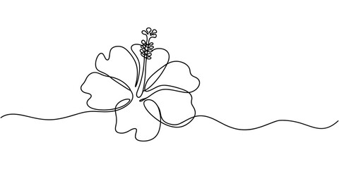 Hibiscus flower in one line art drawing style. Black line sketch on white background. Vector illustration, Hibiscus flower in one continuous line drawing. Floral abstract symbol in simple linear style © Sahor