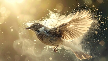 A bird in flight, dissolving into particles of light against a blurred, golden background