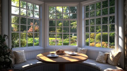 Fototapeta premium Serene Bay Window View:Sunlight Illuminates a Cozy Breakfast Nook