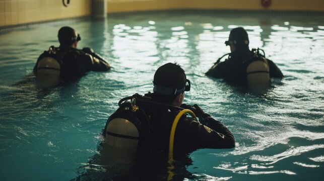 Scuba divers training in a clear pool under sunlight