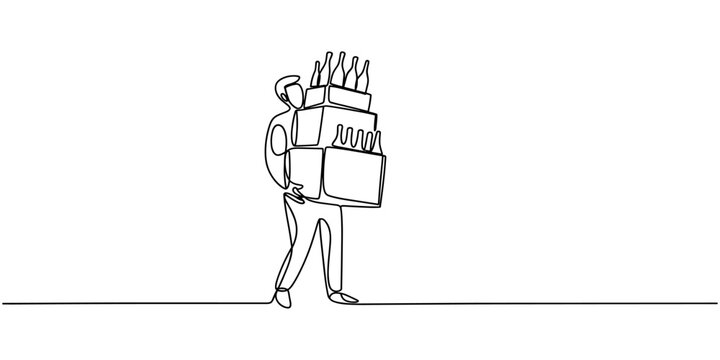 Person carrying boxes with bottles of wine continuous one line drawing vector illustration.