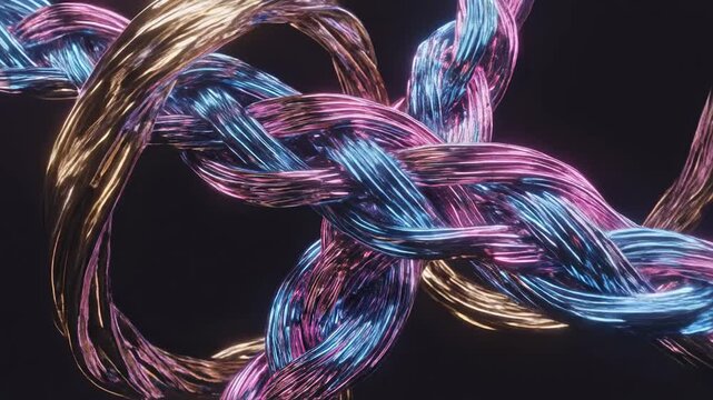Multicolored cables twisted together closely.