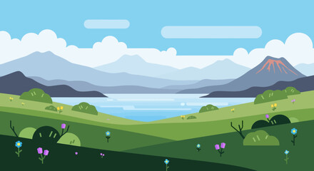 Fototapeta premium Vibrant Spring Landscape with Volcano, Lake, and Mountains, Flat Design