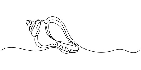 Continuous one line drawing of conch snail shell. Marine animal concept continuous line art. Single line art, One line art of a detailed clam shell, minimalist sea texture design, Oyster shells, pro. © Sahor