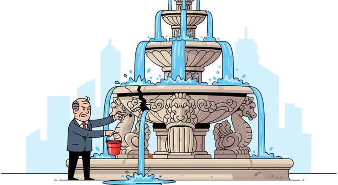 Frustrated Businessman Tries To Mend A Broken Fountain With A Bucket