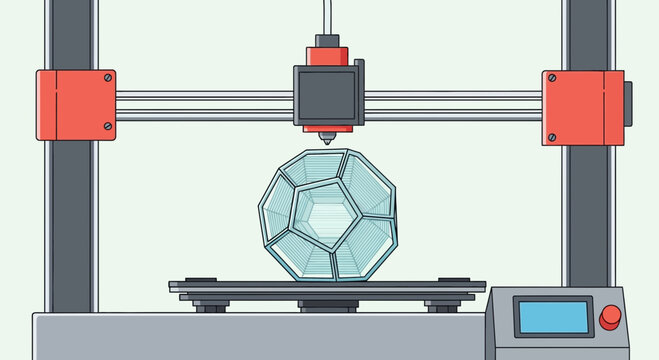 Futuristic 3d Printer Crafting Intricate Geometric Object In Studio