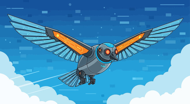 Futuristic Robotic Bird Soaring Through Digital Sky