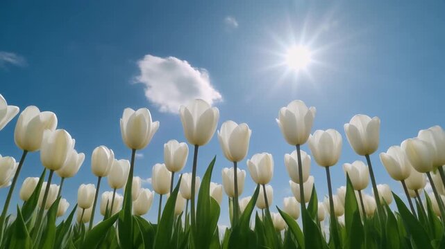Tulip flowers field against blue sky, part 2