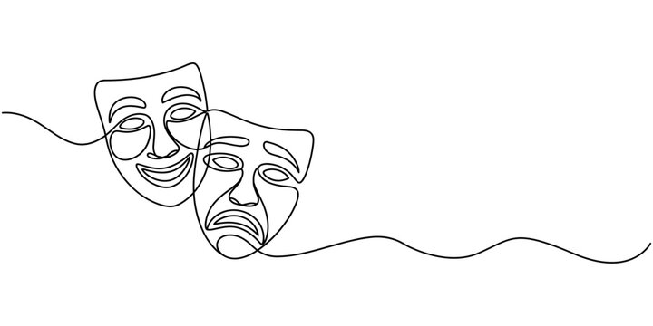 One continuous line drawing of smiling and sad theater masks representing drama and emotion