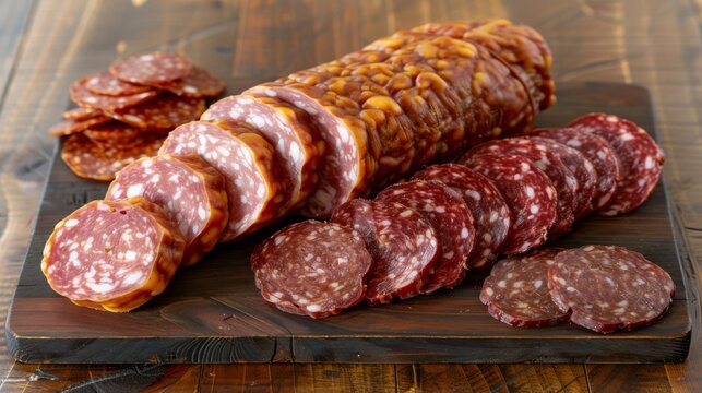 Neatly sliced salami sausages in various styles are displayed on a wooden board, emphasizing rich texture and flavor for deli marketing, recipes, or appetizer presentation ideas.