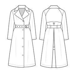 Women’s trench coat front and back view flat sketch vector mockup template technical illustration. © Clothing Design