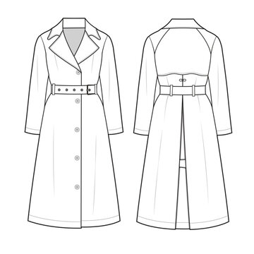 Women&rsquo;s trench coat front and back view flat sketch vector mockup template technical illustration.