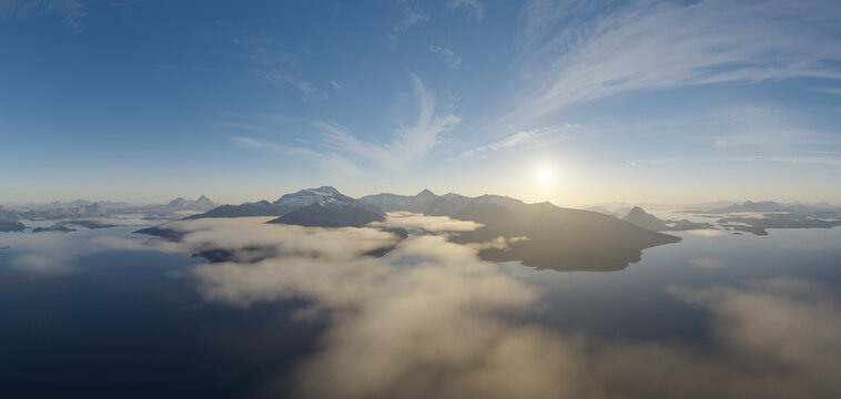 Sunrise Over Foggy Mountain Islands With Calm Sea &mdash; 3D Rendering Landscape Panorama