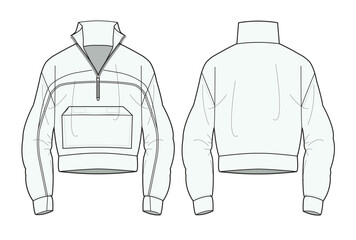 Blouson jacket front and back view flat sketch vector mockup template technical illustration. © Clothing Design