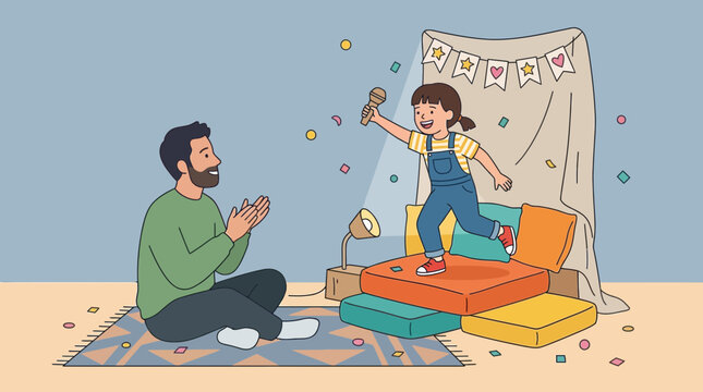 A heartwarming Father's Day celebration A joyful dad claps as his daughter performs in a cozy blanket fort, creating cherished family memories with confetti