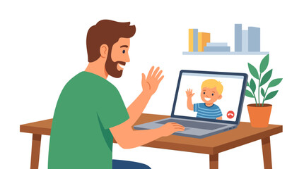 Fototapeta premium Father's Day illustration A caring father video calls his smiling son, connecting across distance and cherishing family bonds