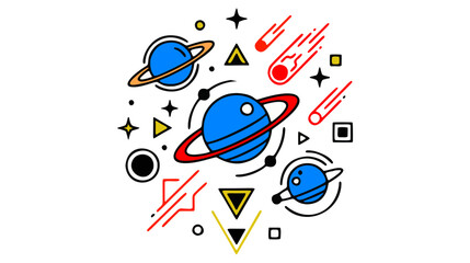 Space doodle illustration with planets, comets, and geometric elements in flat style. © Mukhlis