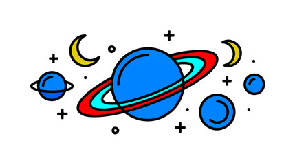 Space doodle illustration with planets, comets, and geometric elements in flat style. © Mukhlis