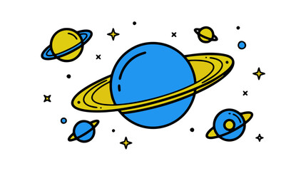 Space doodle illustration with planets, comets, and geometric elements in flat style. © Mukhlis