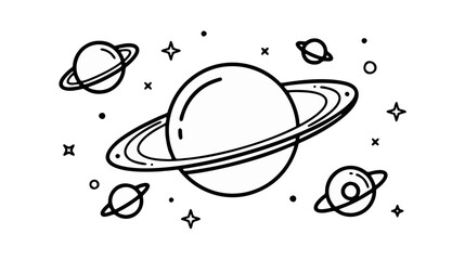 Minimal space line art with planets, stars, and orbit elements. © Mukhlis