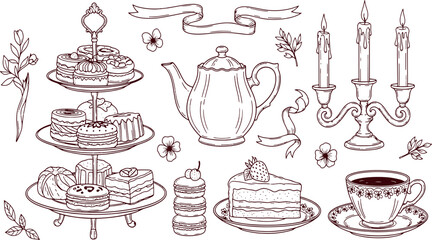 Vintage tea party set with teapot cupcakes cake stand and elegant candles for invitations and scrapbook design hand-drawn vector illustration doodle art © Kanon Islam