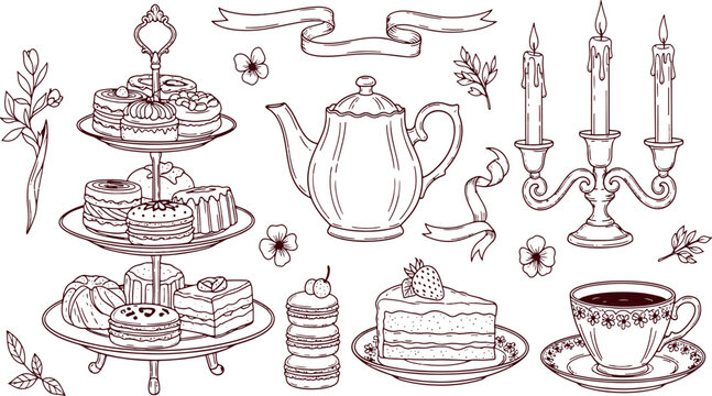 Vintage tea party set with teapot cupcakes cake stand and elegant candles for invitations and scrapbook design hand-drawn vector illustration doodle art